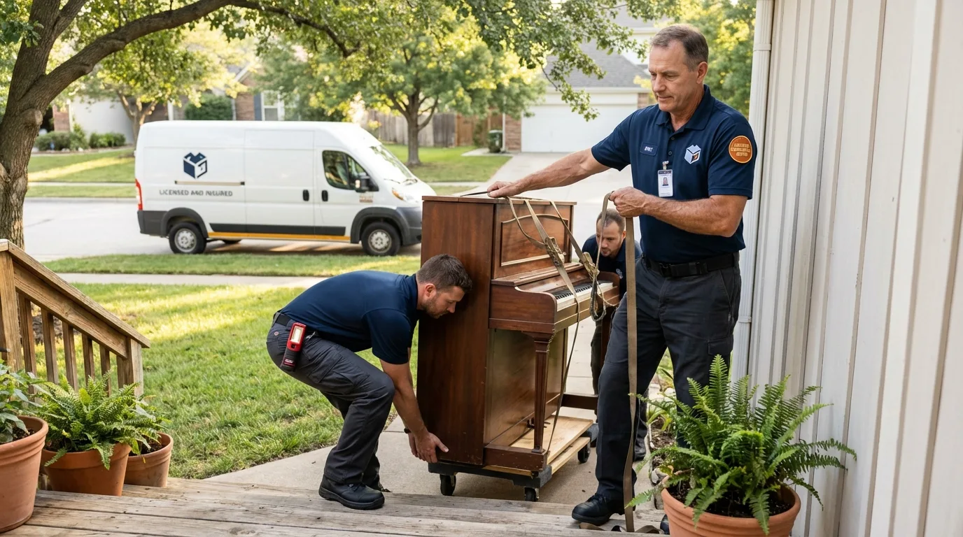 Licensed piano movers securing grand piano in Osceola Mills, PA