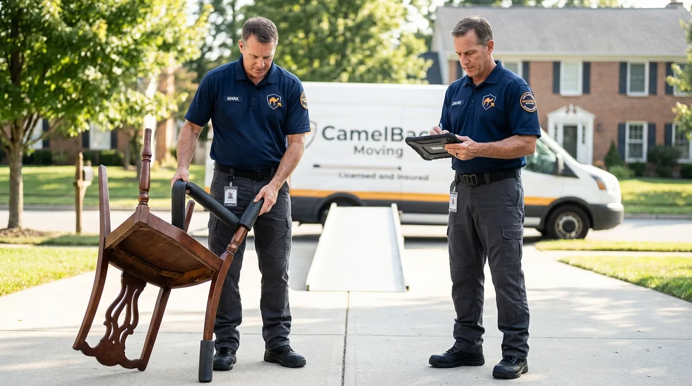 Movers inspecting furniture for damage prevention before loading in Osceola Mills, PA