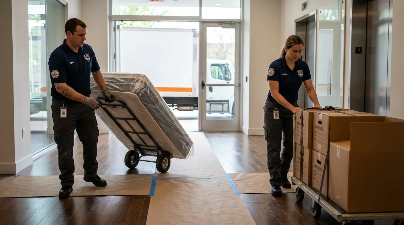 Professional apartment movers loading elevator in Osceola Mills, PA