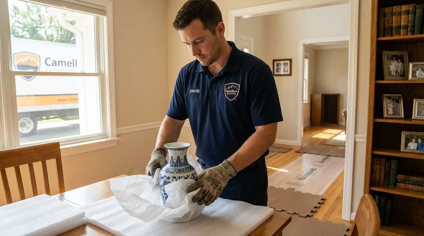 Professional crew carefully wrapping antique vase for senior downsizing move in Osceola Mills, PA